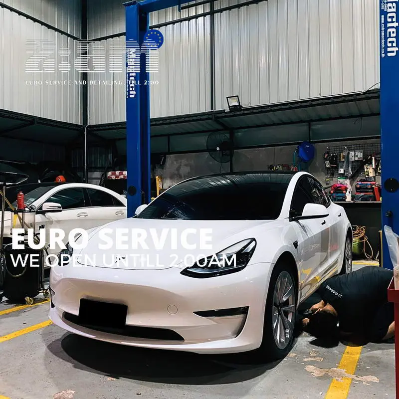 Tesla Model 3 เข้ารับบริการตรวจเช็กช่วงล่างและระบบรถไฟฟ้าที่ 2AM Euro Service